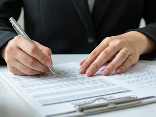 A person reviewing insurance paperwork at a desk.
