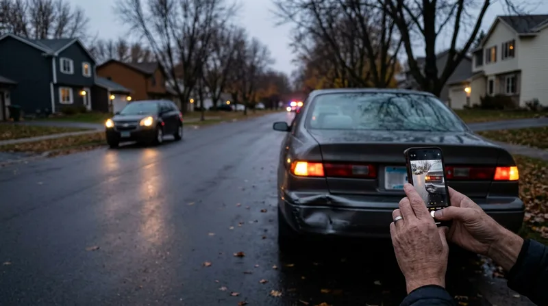 A driver photographing damage to a car after a collision